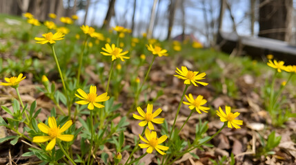 Obraz premium Springtime blooming yellow Adonis flowers in a natural environment , Adonis vernalis, spring, flowering, perennial