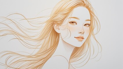 Naklejka premium Elegant Blonde Woman with Flowing Hair Artistic Illustration Pencil Sketch