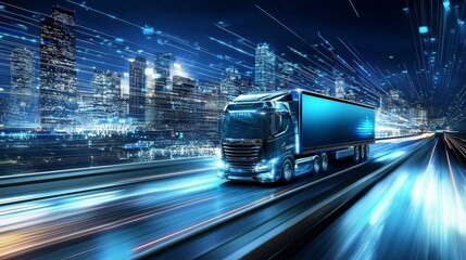 Fototapeta premium A futuristic semi truck races through a vibrant digital cityscape.