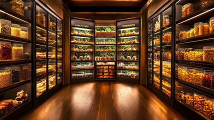 Modern pantry design with transparent glass provides a stylish storage solution. 