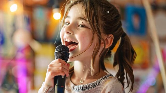 Little girl singing joyfully into a microphone, capturing the pure essence of childhood talent and passion.