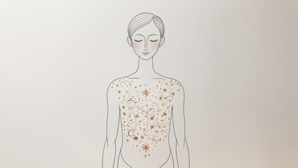 Serene Woman with Celestial Chest Design Spiritual Yoga Body Art Illustration