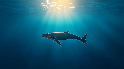 Obraz premium Pixelated Whale Silhouette Swimming In Deep Blue Ocean Illuminated By Sunbeams