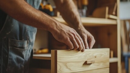 Carpenter assembling a wooden bookcase. Featuring detailed woodworking and assembly