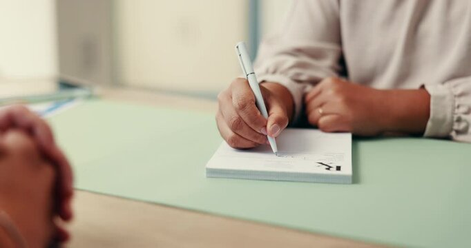 Hands, person and doctor writing of prescription for medical report, results script and referral letter. Woman, form and sick note for patient, medicine dosage and healthcare information of diagnosis