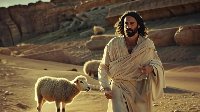 Jesus Christ Depiction: Shepherd and Flock in Desert Landscape