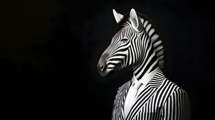 Naklejka premium Zebra In Formal Black And White Striped Suit Against Dark Background Studio Portrait With Fashionable And Artistic Surreal Concept