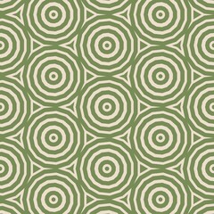 Seamless Pattern Geometric Circle Mandala Motif. Olive Green Retro Circular Ripple Effect Repeat Pattern Illustration. Vintage Orbit Ring Pattern Background.