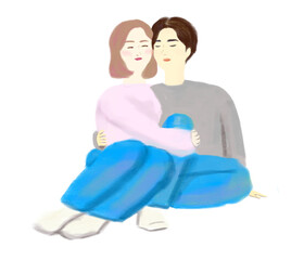 仲良し男女の座り姿、全身