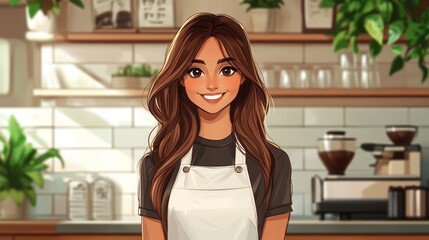 Animated young woman stands smiling in a coffee shop