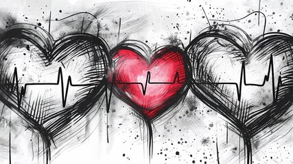 This piece showcases three distinct hearts, with the center heart highlighted in red, against a textured backdrop featuring a heartbeat line, conveying a blend of love and vitality.
