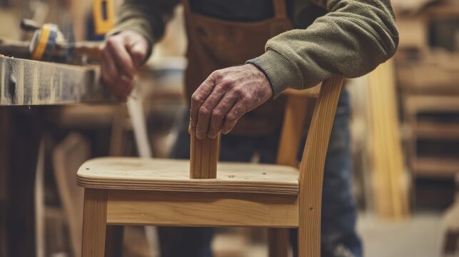 Carpenter assembling a wooden chair in a workshop. Featuring carpentry and furniture assembly