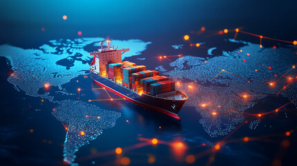A cargo ship sailing on a digital world map. The ship is surrounded by a grid of dots and lines, symbolizing a network or connection. There are containers on board the ship.