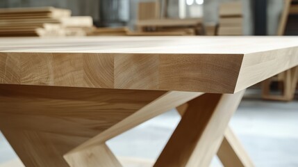 Carpenter assembling a wooden dining table in a workshop. Featuring woodcraft and furniture building