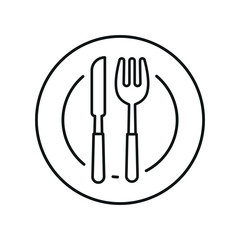 Knife, fork, and plate icon illustrates classic table setup, ideal for dining, meals, and food service.