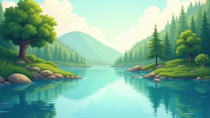 Cartoon Mountain Lake Landscape with Trees and Reflections