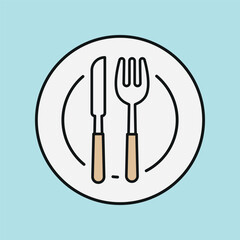 Knife, fork, and plate icon illustrates classic table setup, ideal for dining, meals, and food service.