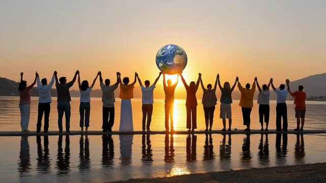 Global Harmony: People of all ethnicities hold hands, united in front of a sunset, symbolizing global unity, peace, and environmental consciousness.