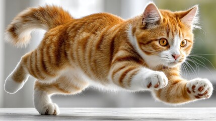 Playful ginger cat leaps joyfully in the air with paws outstretched, showcasing agility and energy
