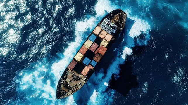 A small fishing boat loaded with colorful cargo containers sails through deep blue waters, symbolizing U.S.-Mexico smuggling trade with a sense of danger, adventure, and covert transport