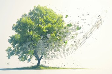Lush tree with musical notes swirling around it
