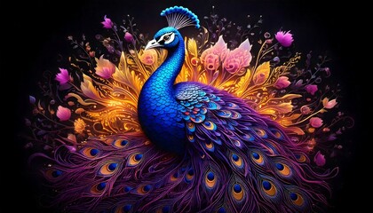 Fototapeta premium 光輝の孔雀：夜闇に咲き誇る幻想的な青い孔雀と神秘の花々