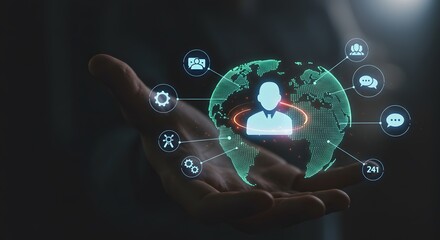 Technical support and customer service concept. Digital icon representing technical support, customer service, and 24 by 7 assistance. Business technology solutions for global support, service manage