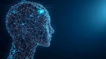 Abstract Digital Human Profile Silhouette Glowing Against Blue Background