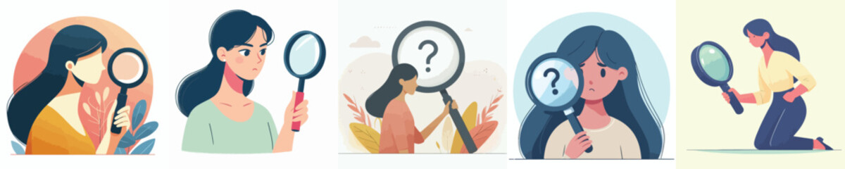 vector set woman looking something with magnifying glass