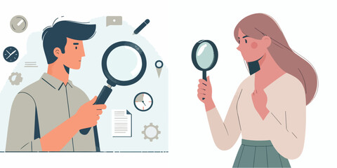 vector set man and woman looking something with magnifying glass