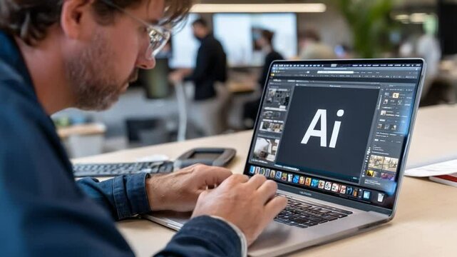 Creative Professional in Focused Work: A focused professional, immersed in the design process, meticulously crafts their artwork on a high-performance laptop.