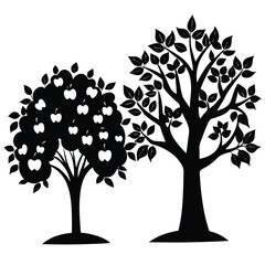 Black Silhouette Trees Vector: Apple Tree with Fruits & Leafy Tree Illustration, Nature Graphic Design Element, Isolated on White