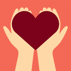 Hands Holding Heart, Burgundy on Coral, Graphic Love Symbol.