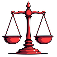 Stylized red scales symbolize balance and justice, bold pop art design