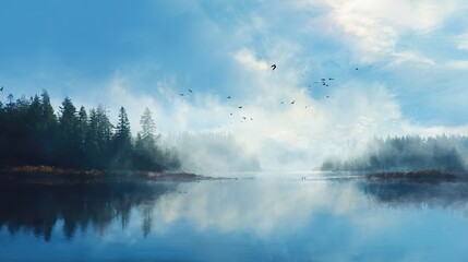 Fototapeta premium A tranquil lake surrounded by misty forests, birds flying overhead, clear blue skies and white clouds. A tranquil natural beauty that connects nature and humanity.