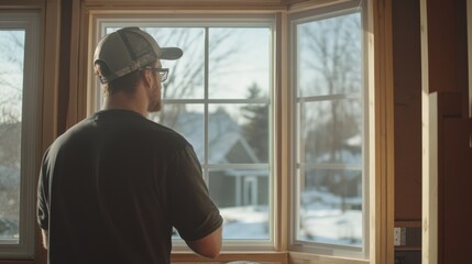 Carpenter building custom window frames for a house. Featuring woodworking and home construction