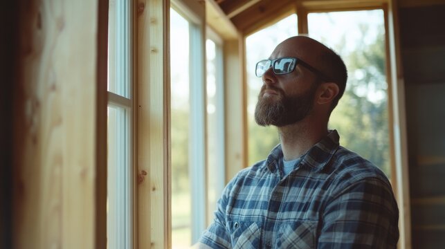 Carpenter building custom window frames for a house. Featuring woodworking and home construction