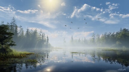 Fototapeta premium A tranquil lake surrounded by misty forests, birds flying overhead, clear blue skies and white clouds. A tranquil natural beauty that connects nature and humanity.