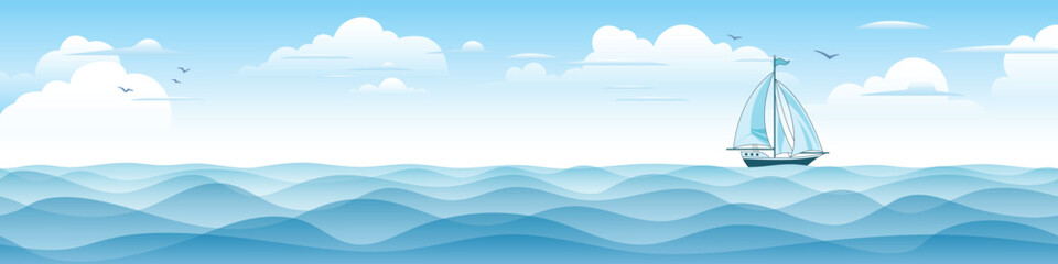 Obraz premium Seascape with sailing yacht, picturesque sky, summer vacation, vector cartoon, panoramic view