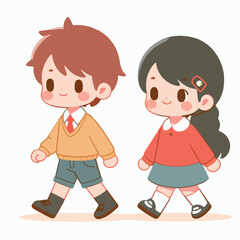 vector cute child couple  walking  flat design