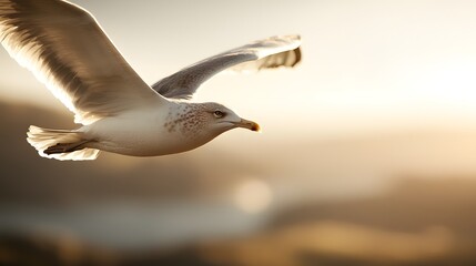 Obraz premium Majestic Bird Soaring in Sunset Sky Over Serene Landscape with Soft Focus Background