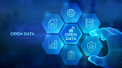 Open data database. Digital file storage system software. Online documentation database technology concept. Integration API. Wireframe hand places an element into a composition visualizing DMS. Vector