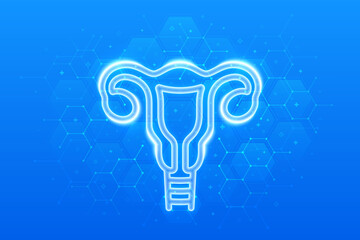 Female reproductive system icon. Female health care, gynecology. Uterus, ovaries. Anatomical structure of woman. Molecular structure. Blue medical background with hexagons. Vector illustration.