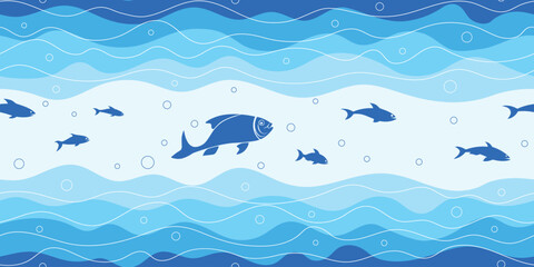 Shoal of fish, sea waves, seamless pattern, vector cartoon