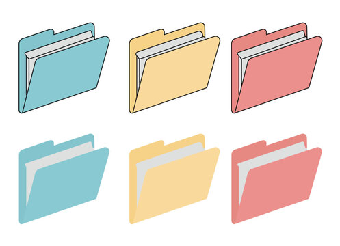 Collection of file folders in different colors. Isolated graphic elements. Versatile design for various tech, office applications. Ideal for creating user interface icons. Clean simple shapes,