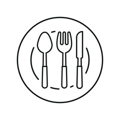 Spoon, fork, knife, and plate icon shows complete tableware set for meals, dining, and food service.