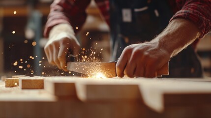 Carpenter cutting wood for custom furniture in a workshop. Featuring woodworking and craftsmanship