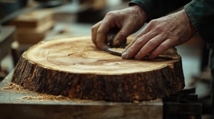 Carpenter cutting wood for custom furniture in a workshop. Featuring woodworking and craftsmanship