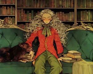 Woman & Dog in Library Scene