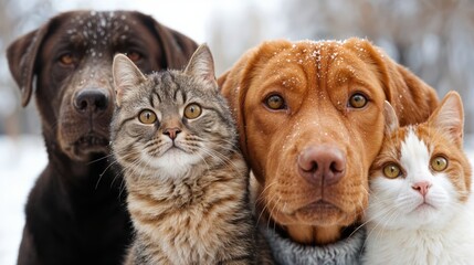 Four animals come together in a snowy setting, displaying a heartwarming bond. Two dogs and two cats, each with distinct features, share a playful yet serene moment, surrounded by a winter wonderland.